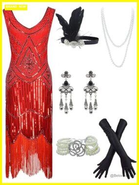 FUNDAISY 1920s Flapper Sequin Beaded Dress with Accessories Set